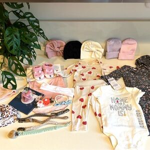 Newborn Baby Girl Clothes & Accessories Bundle | Hats, Bibs, Outfits | NB